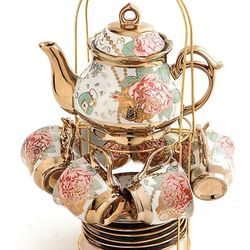 USED LINE NEW  tea sets Gold Plated Red Rose Ceramic Tea Set, Vintage Teapot Tea Sets Beautiful Tea Set Coffee Serving 6 People (Golden, Medium)