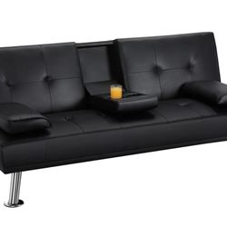 Faux Leather Futon Sofa with Cupholders, Black