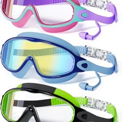 3 Pack Swimming Goggles, Kid Goggles with Earplugs Large Frame Anti-Fog/UV Wide View Swim Goggles Boys Girls 4-12