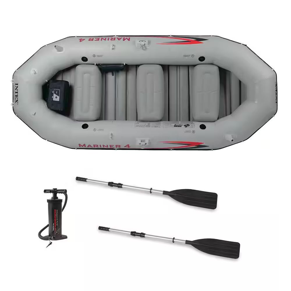 Like New Intex Mariner 4, 4-Person Inflatable Boat Set with Trolling Motor for Fishing and Boating 