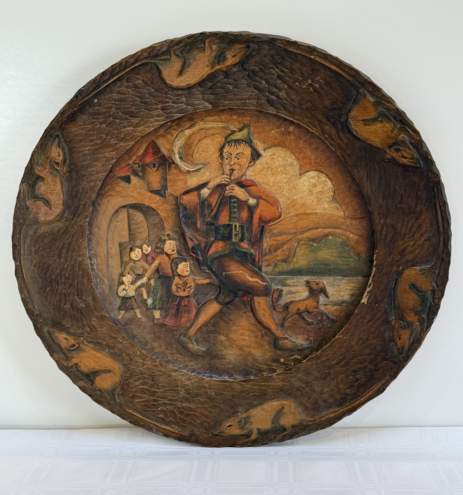 Rare Find Vintage Handmade Carved Wooden Plate Hand Painted The Pied Piper of Hamelin Town.