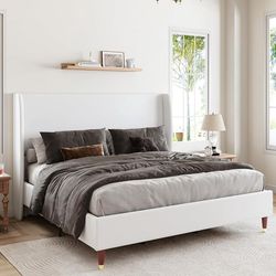 Queen Bed Frame Upholstered Bed 51.2" High Linen Platform Bed with Wingback Headboard/No Box Spring Needed