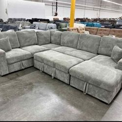 ✅️✅️4 pc Grey  corduroy fabric sectional sofa with storage chaise and love seat and pop up sleep area in center USB charging✅️✅️