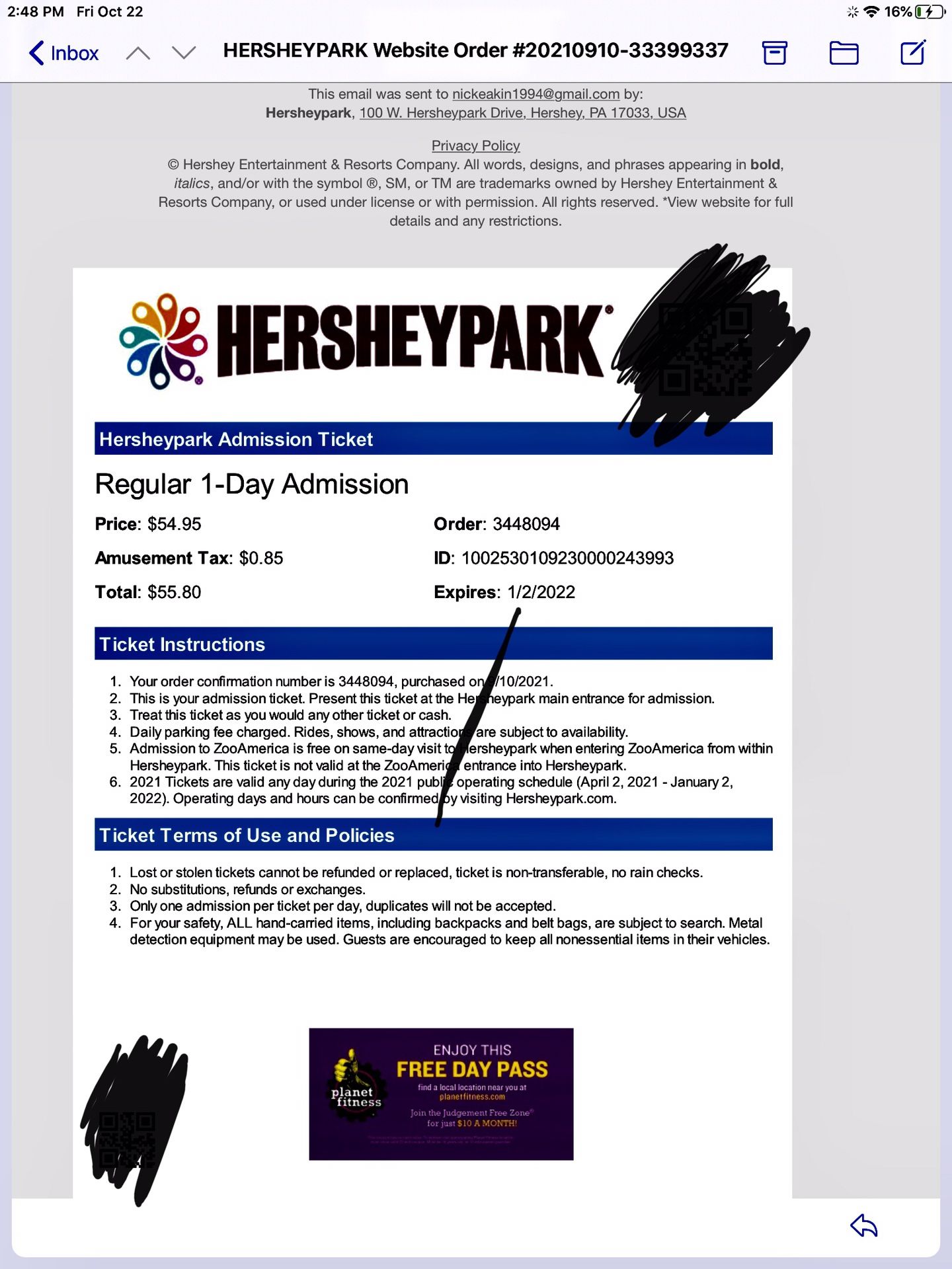 One Hershypark Ticket