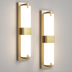 New 19.3”L Set of Two Dimmable Gold Vanity Wall Sconces LED 3000K 24W Acrylic Shade Indoor Hardwired