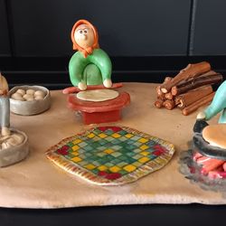 Vintage Hand-Sculpturex Clay Art Piece Depicting A Scene Of Daily Life 7.5" x 6"