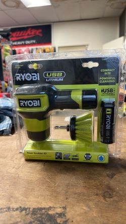 RYOBI USB Lithium Compact Scrubber Kit with 2.0 Ah Battery, USB Charging Cord, and 2 in. Medium Bristle Brush