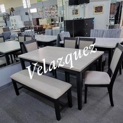 ✅️✅️6 pc bridget two tone wood dining table set padded seat chairs and bench ✅️ 