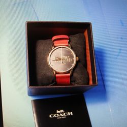 Coach Grand Black Dial Carriage Design Red Leather Strap Women Watch 