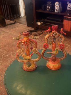 Árbol de la vida; Pair of Beautiful Vintage Classic Mexican Folk Art Candelabras: