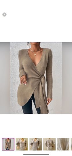 Oatmeal Tan Puff Sleeve Self Wrap Tunic Sweater Soft Cozy Medium