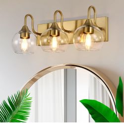 Bathroom Light Fixtures, 3-Light Brushed Gold Vanity Light Over Mirror, Modern Wall Sconces with Clear Glass Globe Shade