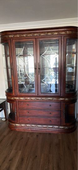 Large Ornate Carved Wood Dining Room Set - Table, 6 Chairs, and China Cabinet