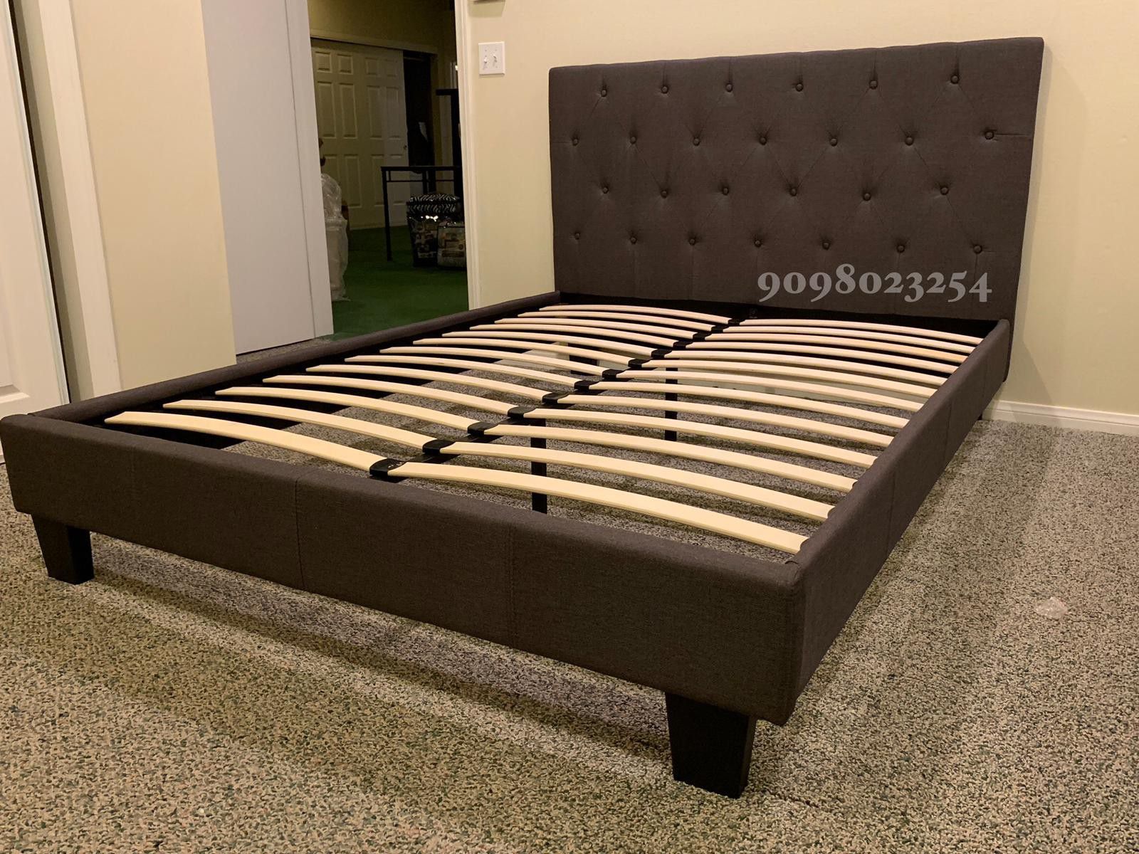 Queen dark gray tufted bed w. Orthopedic mattress included