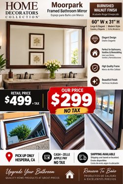 Claro. Aquí tienes el anuncio listo para copiar y pegar en Facebook Marketplace:  🪞 HOME DECORATORS COLLECTION – MOORPARK MIRROR  60” W x 31” H – Bur