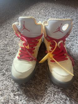 Size 10 -Jordan 5 SP x Off-White Mid Sail DH8565 100 Sail Fire Red Black