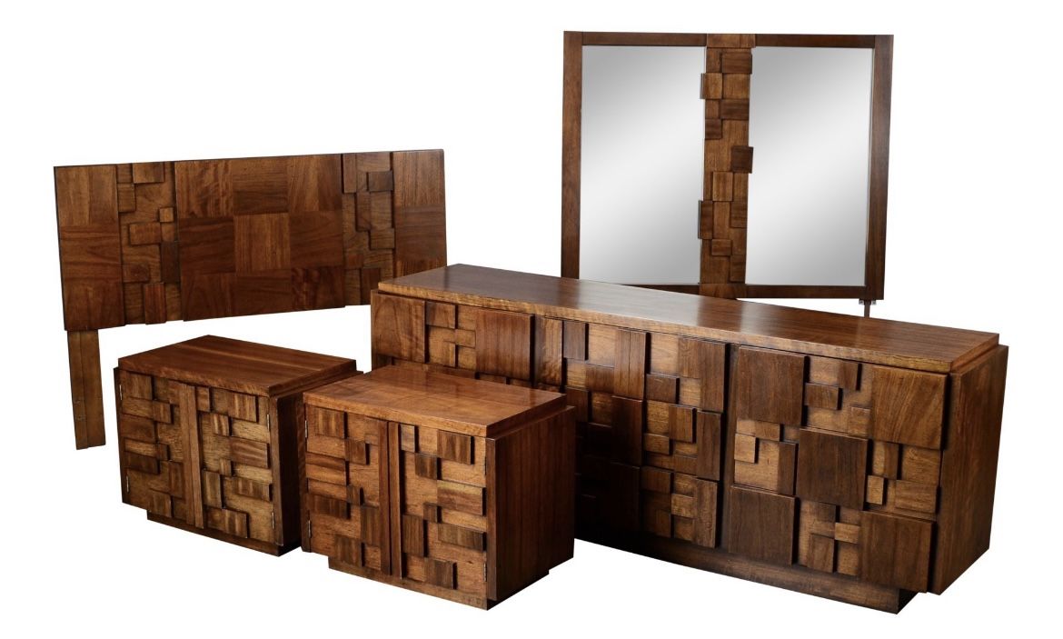 Midcentury Lane Brutalist Staccato Bedroom Set Walnut Dresser Retro 60s 70s Headboard Side Table End Table
