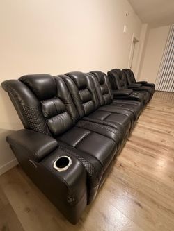 4 Black Leather Reclining Theater Seats w/ Adjustable Headrest & Footrest