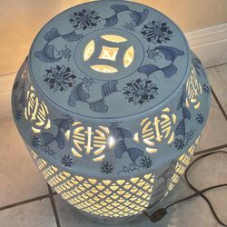 Antique Blue & White Oriental Stool Lamp 16”H