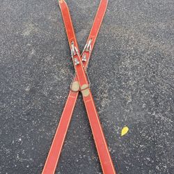 Antique Winter Skis Red Lodge Decour Vintage Metal Binding 