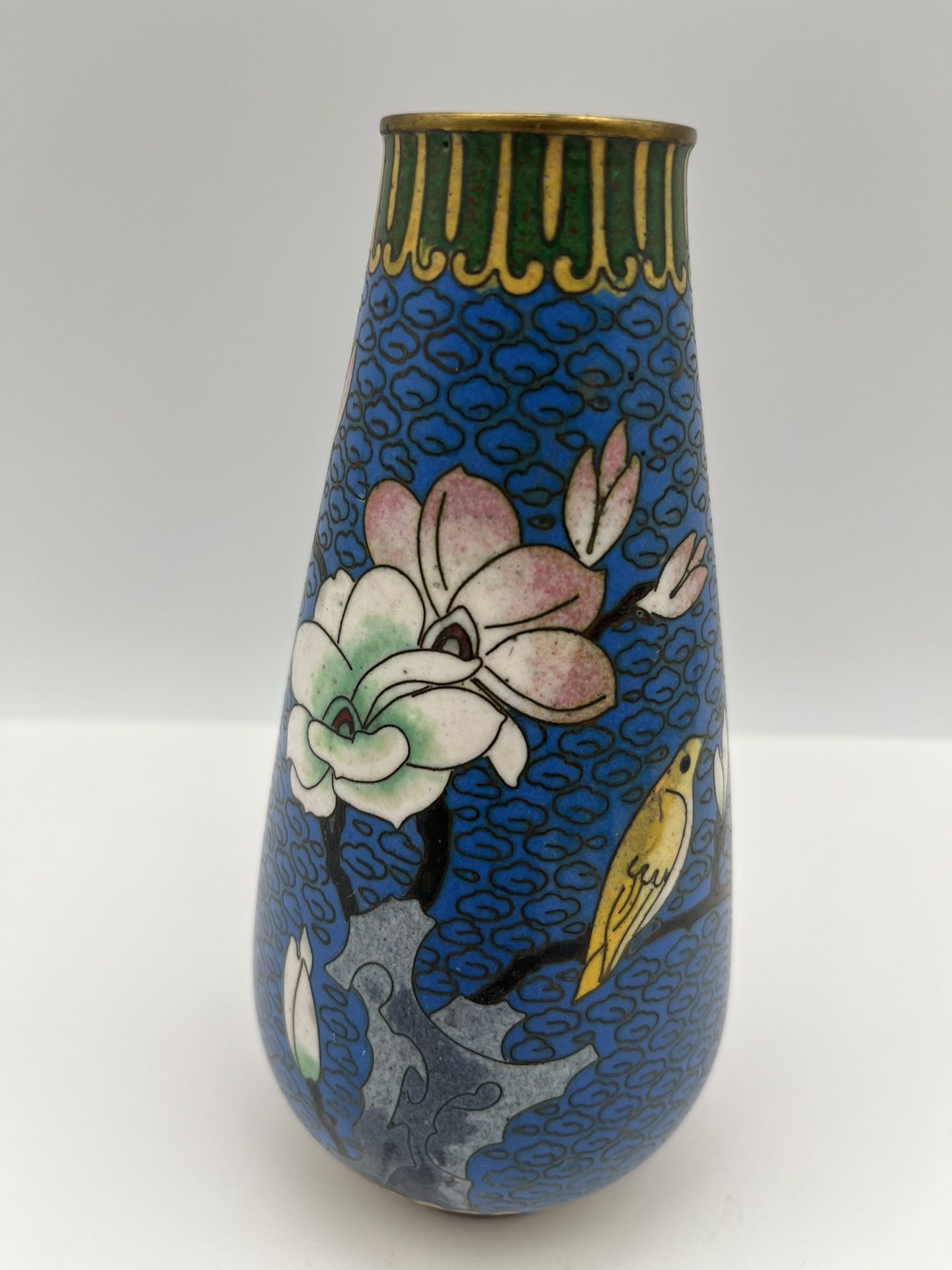 Brass Enamel Vase Bird With Flowers. Height: 5.75 Inch.