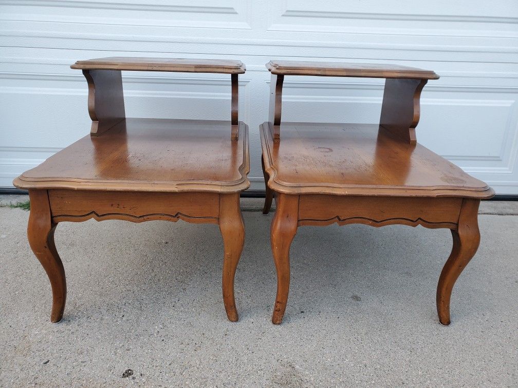 Vintage Two Tier Solid Wood End Tables / Night Stands / Side Tables