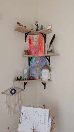Straight and corner wooden shelves
