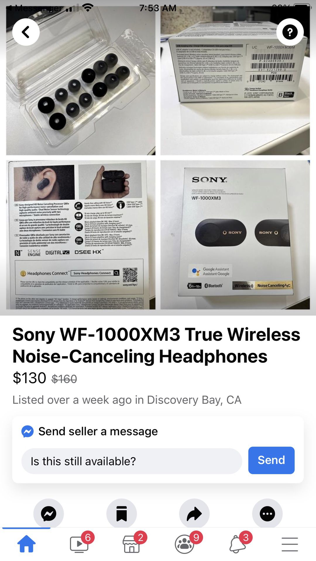 Sony WF- 1000XM3 True Wireless Noise-Canceling Headphones