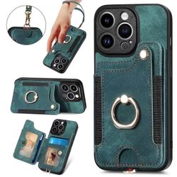 iPhone 14 Case Wallet With Strap & Holder (Green)
