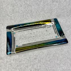 Vintage Jeri Goodman Signed  1997 Glass Blue Rectangle Trinket Dish Bubbles 9" Tray