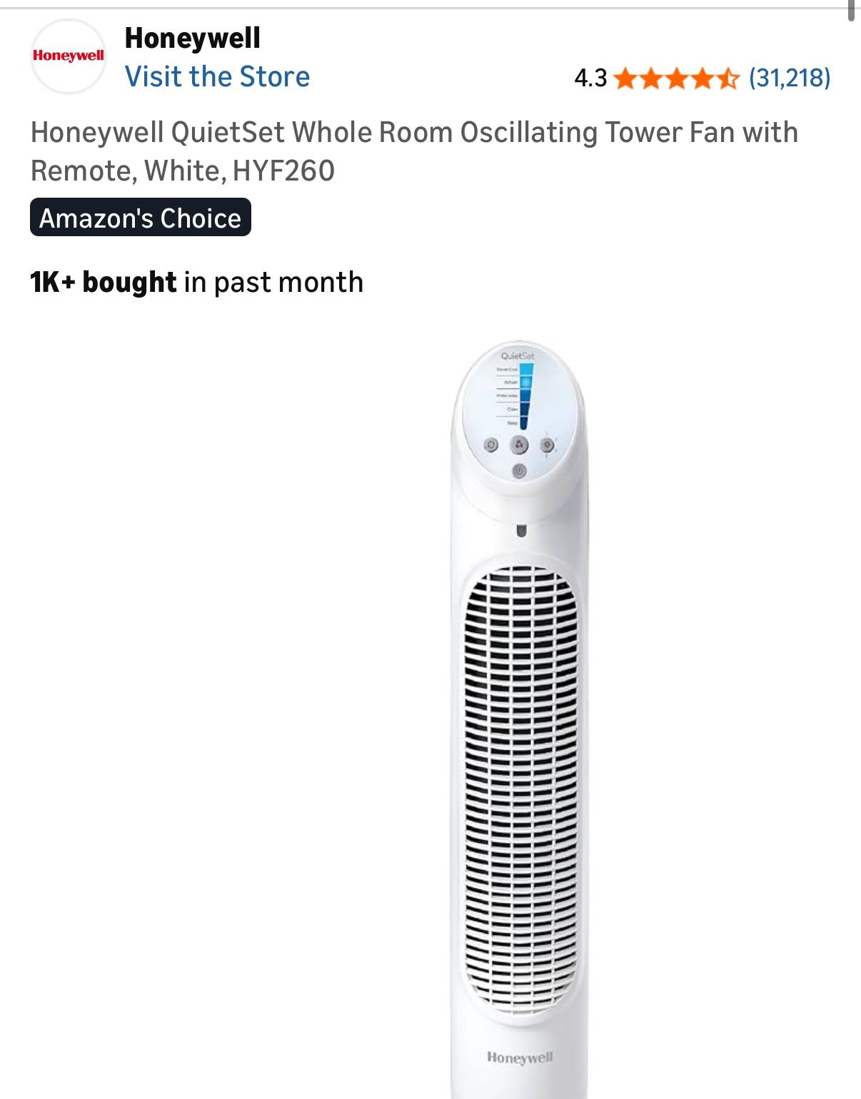 Honeywell QuietSet Whole Room Oscillating Tower Fan with Remote, White, HYF260 