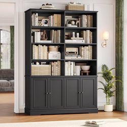 73" Black Bookshelf, Tall Bookshelf with Doors, 47.2" Double Wide Bookshelves and Bookcases with Storage, Farmhouse Bookshelf Large Open Book Shelf St