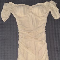 Ruched Beige Mini Dress