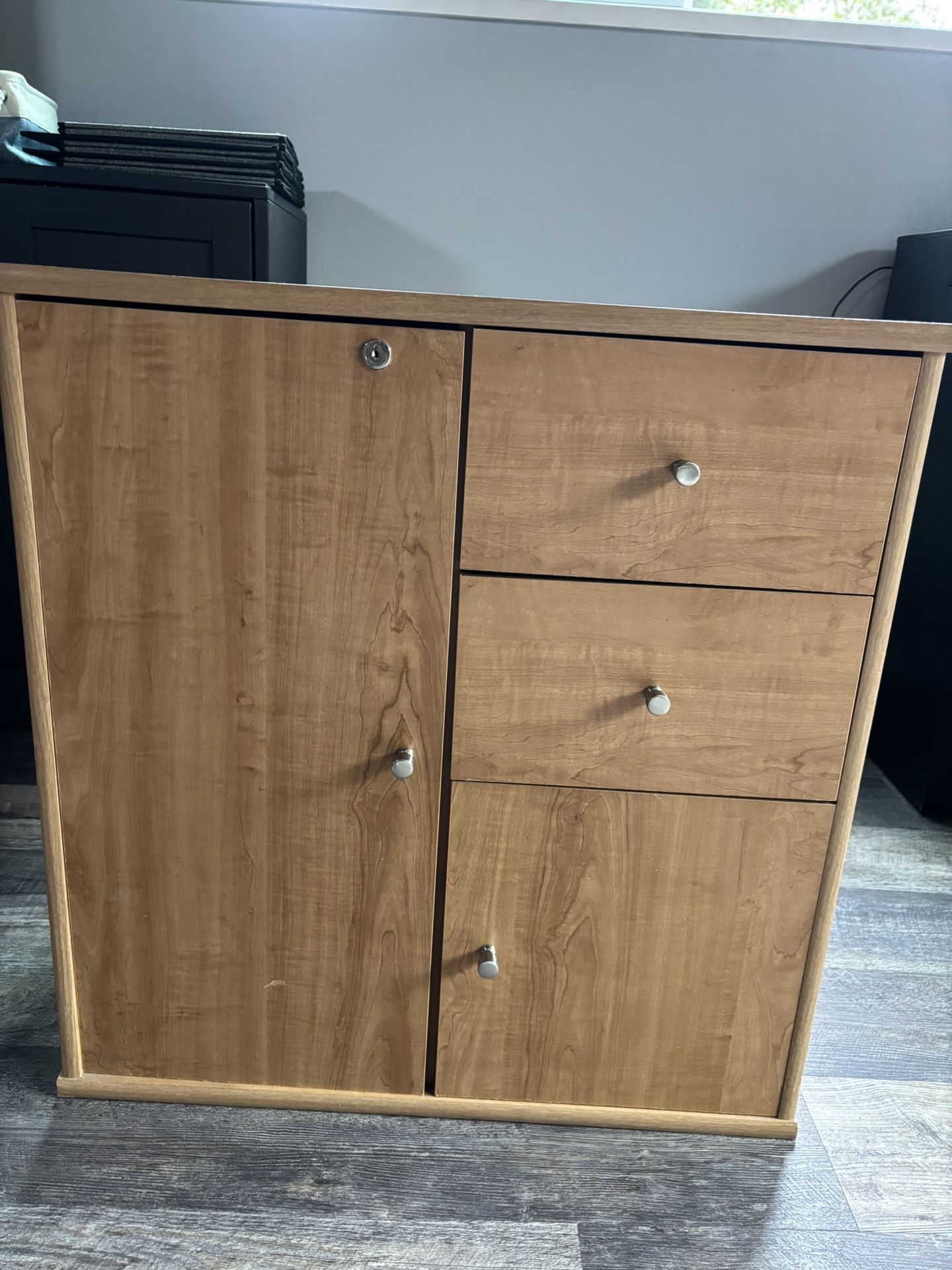 Wood Cabinet With 1 Lockable Door, 2 Drawers, And Small Space Below Drawers