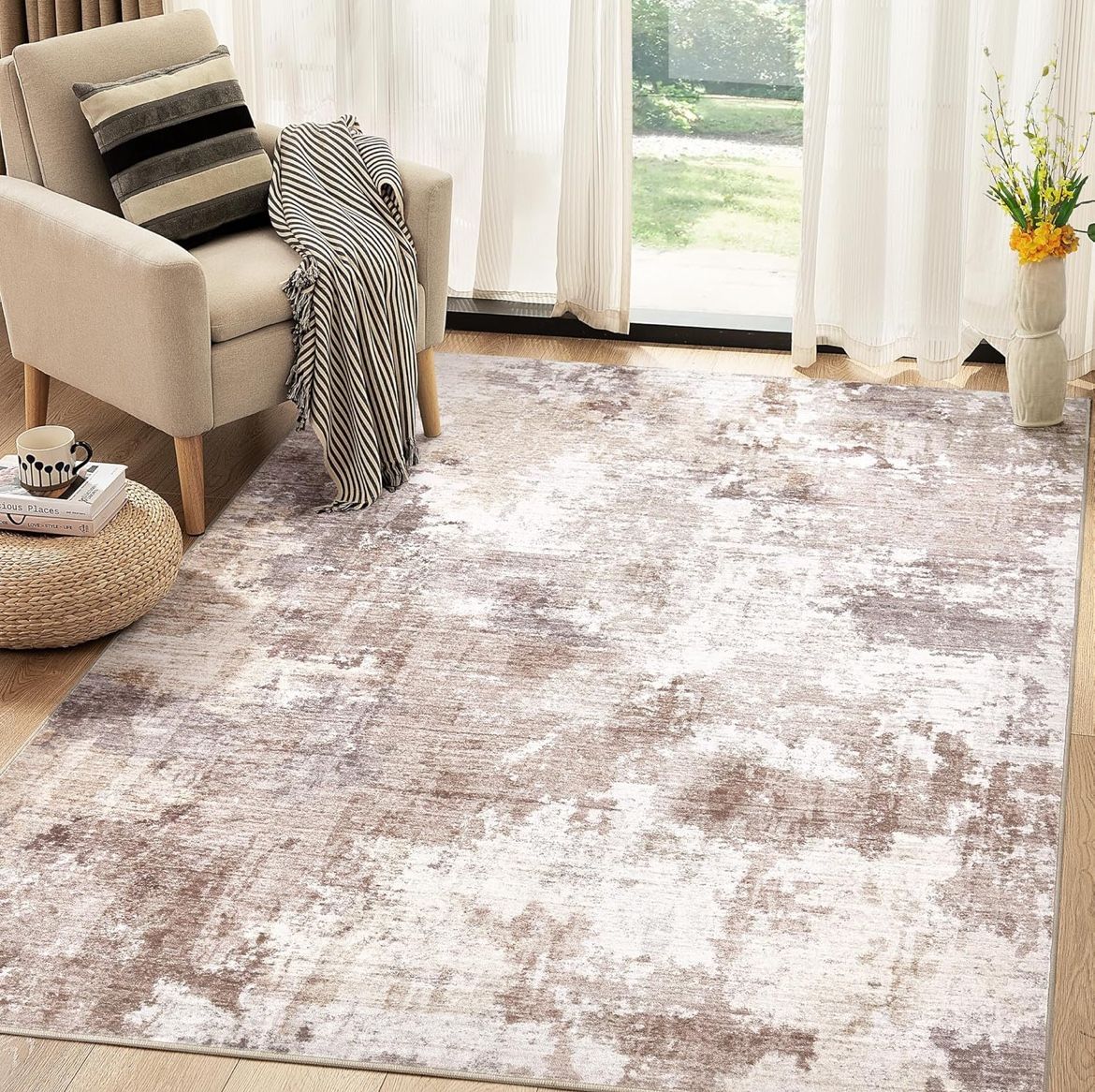 5x7 Area Rugs for Living Room: Modern Abstract Neutral Soft Rug for Bedroom Dining Room Under Kitchen Table Home Office Decor - Brown