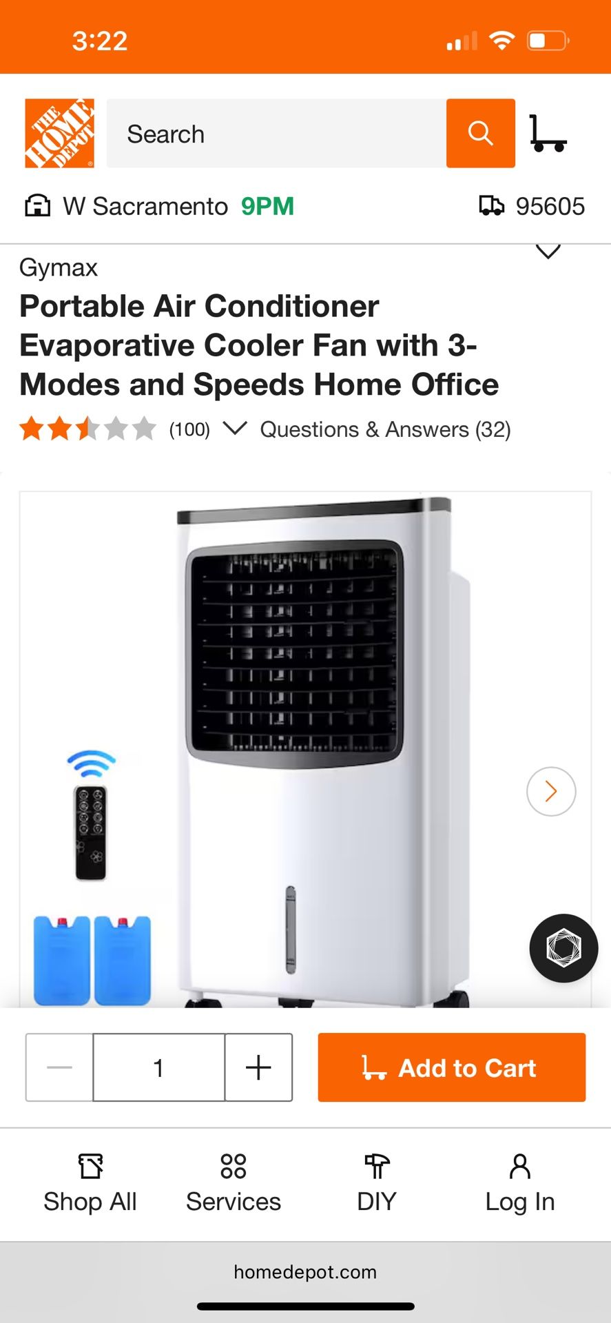 Portable Air Conditioner Evaporative Cooler Fan with 3-Modes and Speeds Home Office