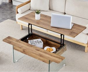 Lift Top Coffee Table Glass Modern Wood Rising Tabletop with Hidden Storage