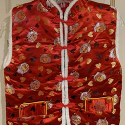 CHINESE Red Silk-Style Vest With Hearts & Cartoons, Traditional size 14
