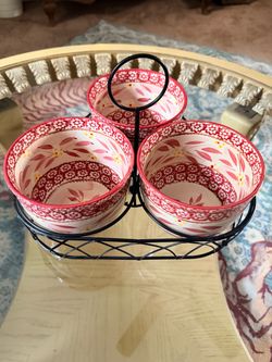 Temptations 3-Bowl Ceramic Serving Set with Wire Caddy
