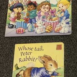 Two Toddler Easter board books  Fisher Price Little People Easter is Here lift the flap and Whose Tail Peter Rabbit touch and feel