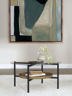 💎Modern Farmhouse Charm Round Glass Top Coffee Table Black Brown Mesa de Centro💎