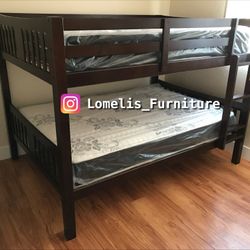Full/Full Expresso Wooden Bunk bed w. Ortho Mattresses Included 