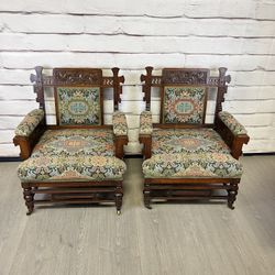 Antique Carved Eastlake Armchairs Chairs 2pc