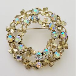 Vintage Coro Brooch Pin AB Rhinestones Clover Goldtone.