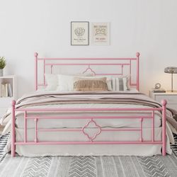 King Size Metal Platform Bed Frame with Vintage Cross Pattern Headboard&Footboard, Pink
