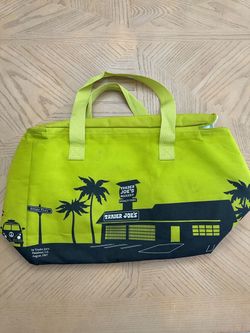 Trader Joe's lime green reusable 8-gallon large insulated tote bag featuring black palm tree and market graphics