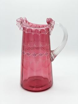 Cranberry Glass Pitcher with Ruffled Rim