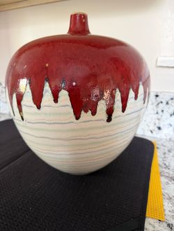 Gorgeous Studio Large Art Pottery Oxblood Red Drip and Off-White Glaze