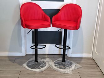 SET OF 2 ADJUSTABLE RED FAUX LEATHER STOOLS ( NEW AND ASSEMBLED )