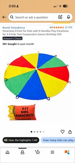 Sonyabecca 8 Ft Kids Play Parachute with Handles